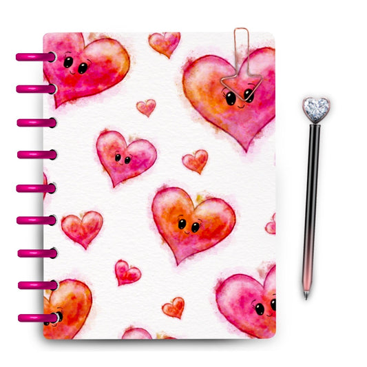 Watercolor hearts in pink across white background laminated planner cover by magpiesoul