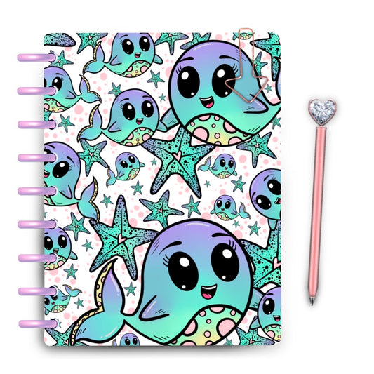 Ombré cute kawaii whales and starfish laminated planner cover 