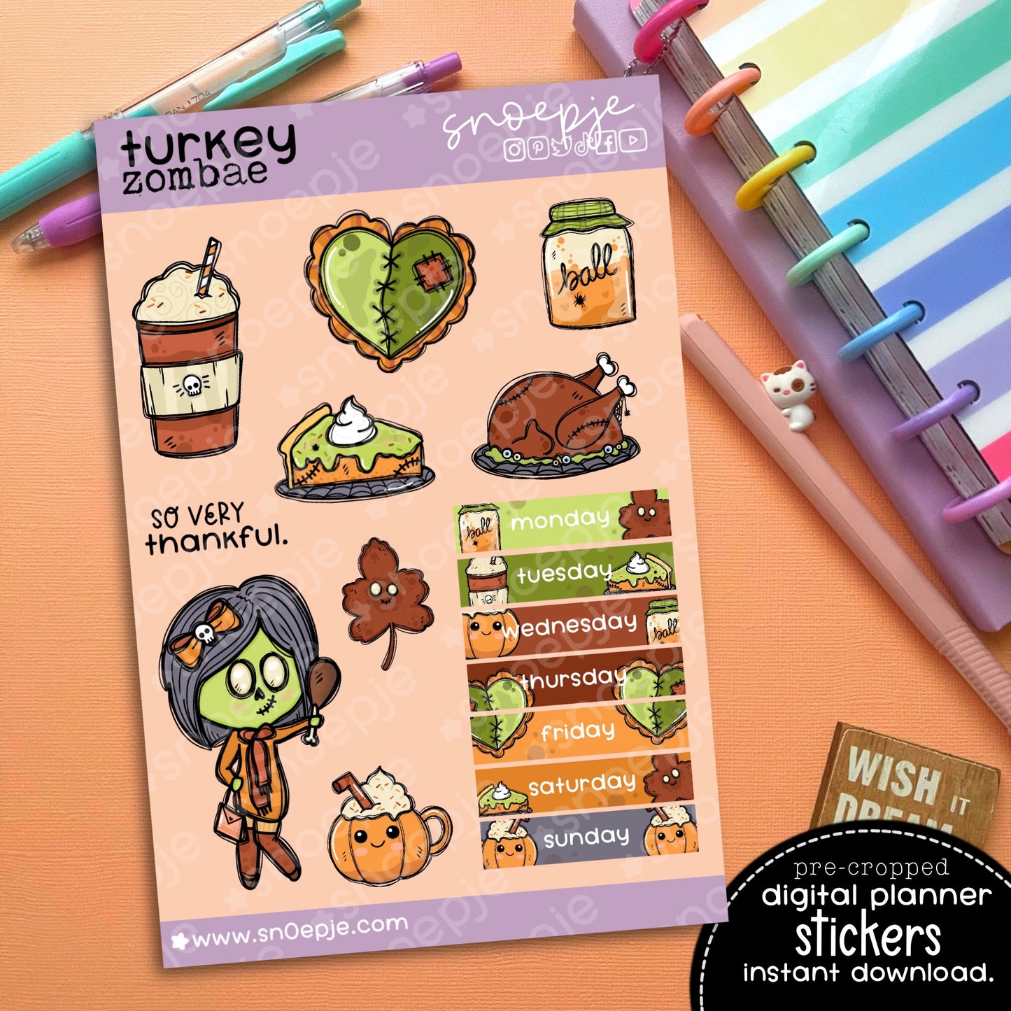 Zombie Thanksgiving Pre-Cropped Goodnotes Planner Stickers
