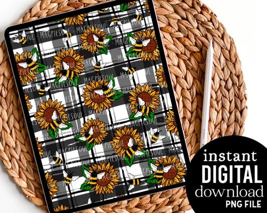 Plaid Sunflower Bee - Digital Pattern Paper