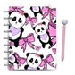 Cartoon kawaii pandas with pink bows holding Purple Hearts on discbound planner cover